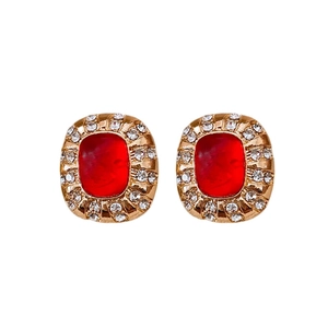 Vintage gold oval earrings with red resin gemstone and sparkling crystals for women