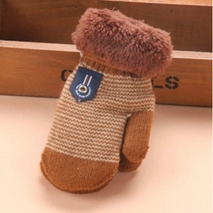Warm brown knitted toddler mittens with plush cuffs and classic fashion patch detail