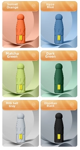 Detail showing colorful compact folding umbrellas with UV UPF 50 plus protection tags