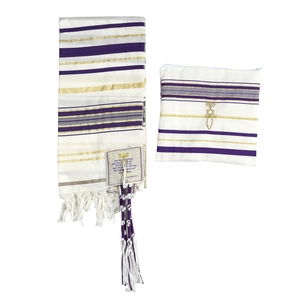Detail of white polyester Tallit prayer shawl with purple stripes and religious embroidery