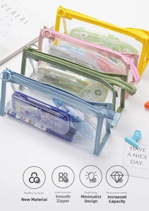 Detailed view of colorful PVC pencil pouches with smooth zippers and spacious interior