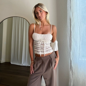 Women Lace Patchwork Camisole Top Pleated Bust Bow Sexy Summer Slim Fit Streetwear Spaghetti Strap Tank