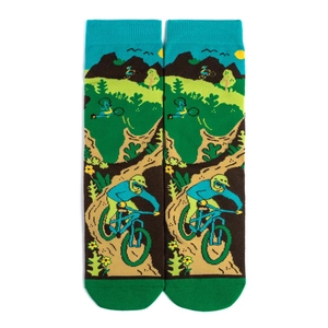 Detail showing colorful mountain bike illustration on cotton socks with outdoor scene
