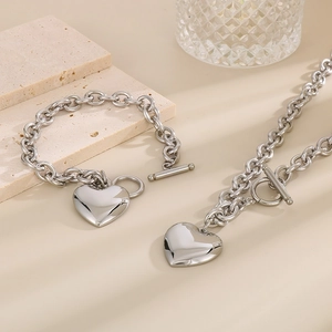 Minimalist stainless steel heart necklace and bracelet set with chunky chain and T-bar clasp