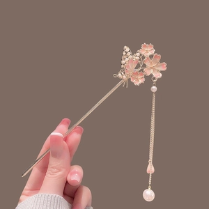Golden butterfly and pink flower hair stick with pearl tassel for classic bun hairstyles