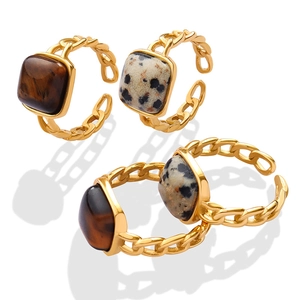 Minimalist gold chain ring set with tiger eye and spotted gemstones for women