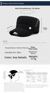 Size chart and measurement guide for men's flat top winter hat with ear flaps