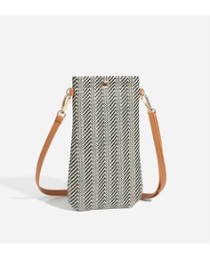 Detail of woven black and white herringbone pattern mobile bag with brown leather strap