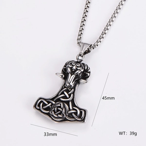 Polished Thor's Hammer pendant with ram head and Celtic knots, size 45mm x 33mm