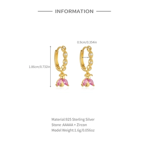 Detailed view of S925 silver bee earrings with pink zircon charms and dimensions