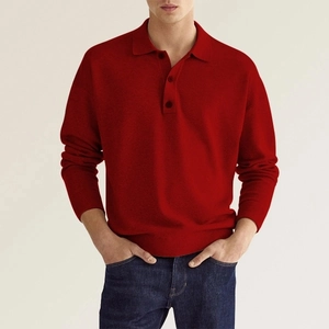 Men's casual red long sleeve knit polo shirt with V-neck button collar styling