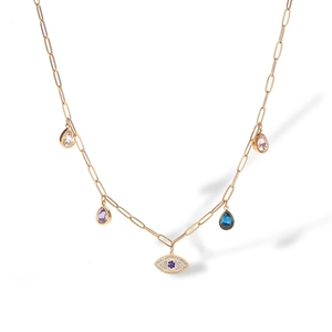 Golden paperclip necklace with evil eye charm and colorful teardrop zircon pendants