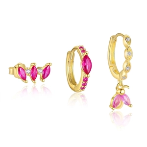 Women's 925 Sterling Silver Pink Zirconia Asymmetric Bee Earrings Geometric Gold Plated Dangle Stud Jewelry Accessory
