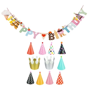 Rainbow Happy Birthday banner with assorted colorful party hats and crowns set