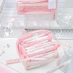 Large Capacity Pencil Case Canvas PU Leather Korean Aesthetic Stationery Pouch Multi Layer Storage For Students School Office