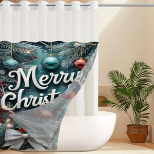 Detail of Christmas shower curtain featuring pine needles, red berries and hanging rings