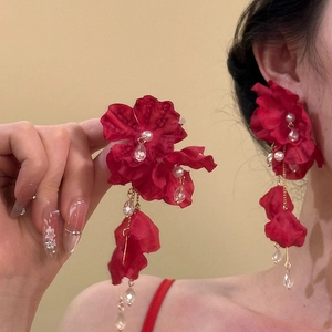Elegant deep red floral earrings with pearls and crystal water drops for wedding