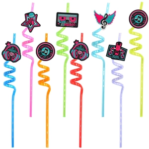 9pcs reusable spiral music party straws with retro tape and microphone cartoon charms