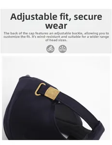 Detail of adjustable metal buckle on dark navy cotton twill baseball cap for custom fit