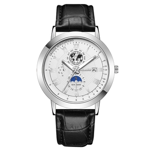Reloj de cuarzo KOLAKO para hombre con caja plateada, esfera multifunción y correa de cuero negro