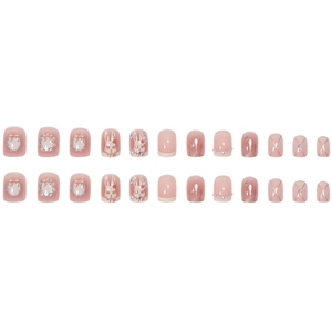 Pink cat eye press-on nails set with cute rabbit, 3D bows, and pearls in short square shape