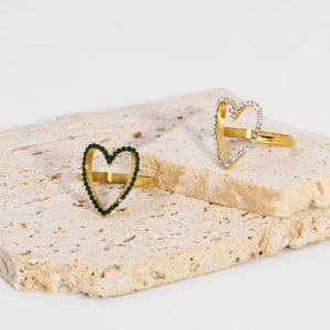 18K gold plated hollow heart rings set with green and white crystals on stone