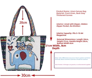 Detailed size chart for linen canvas tote bag with elephant and owl ethnic patterns