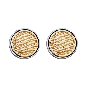 Minimalist round silver needle stud earrings with golden wave texture and silver borders