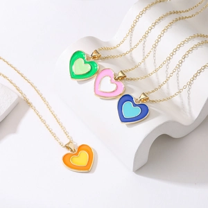 Heart Pendant Necklace Double Layer Enamel Zircon 18K Gold Plated Copper Minimalist Jewelry For Women