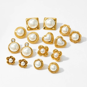 Elegant 316 stainless steel pearl stud earrings set with heart and flower designs