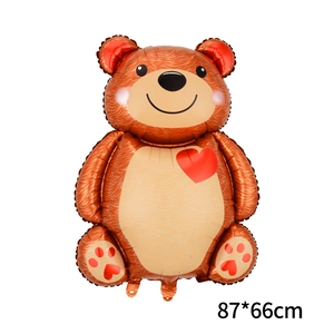 Brown teddy bear foil balloon with red heart print for Valentine decor, 87x66cm size