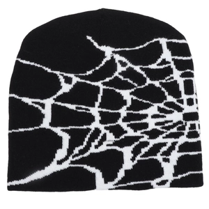 Fashionable black knit beanie featuring white spider web pattern for men and women