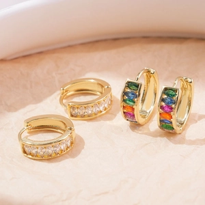 Chic gold-plated brass geometric C-shaped earrings with colorful marquise-cut crystals