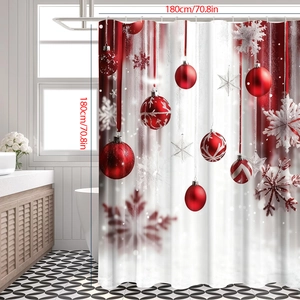 Vista dettagliata della tenda da doccia natalizia rossa e bianca 180x180 cm nel bagno moderno