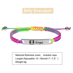 Adjustable rainbow woven baby bracelet with custom stainless steel panda plate