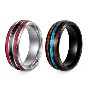 Titanium steel rings with red carbon fiber inlay and acacia wood opal details