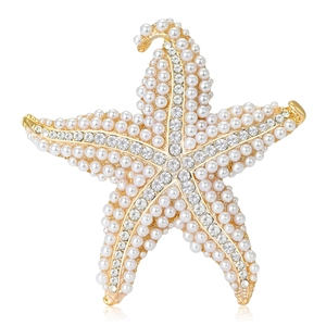Starfish Brooch Pin Alloy Faux Artificial Pearl Rhinestone Elegant Marine Style Corsage For Women Suit Coat Jewelry