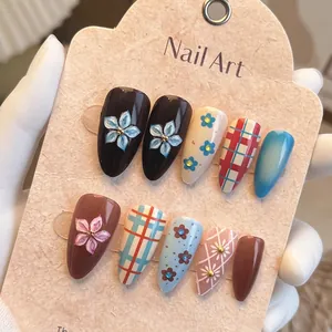 Christmas almond fake nails with 3D floral carving and blue plaid design set