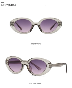 Detail of oval cat eye sunglasses with grey translucent frame and purple gradient lenses