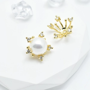 18k gold plated trumpet flower bead caps with white pearl and micro cubic zirconia