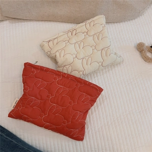 Detailed view of quilted makeup bags featuring cute rabbit embroidery and simple wish label