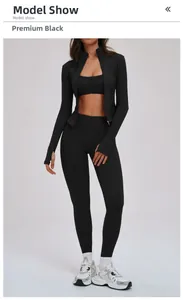 Ensemble de yoga 3 pièces noir avec legging taille haute, brassière et veste de sport