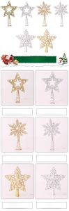 Detail shots of glittery star and snowflake tree toppers in gold and silver finishes