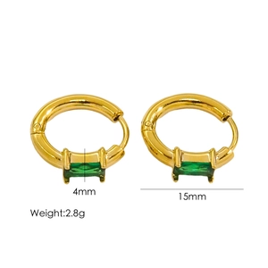 Detail of 15mm 18K gold-plated hoops featuring a 4mm green zircon stone setting
