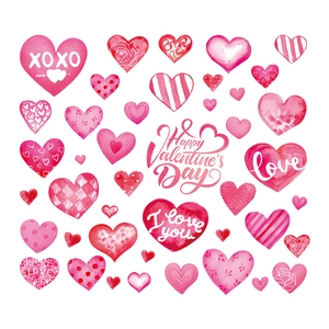 Watercolor Valentine's Day window decals with pink hearts and romantic love typography