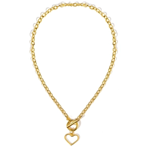 Detail of gold chain necklace featuring heart pendant and OT toggle clasp closure
