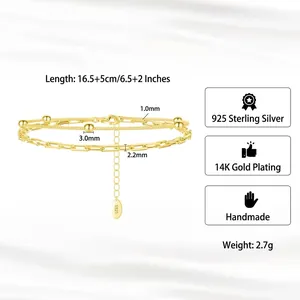 Double-layered 925 sterling silver beaded bracelet with 14K gold plating and square charm