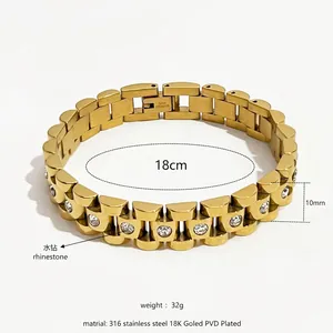 18K gold-plated 316 stainless steel watch chain bracelet with white rhinestones