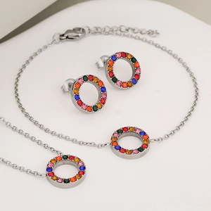 Elegant stainless steel jewelry set with circular multi-colored rhinestone pendants and studs