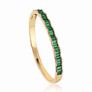 18k gold plated wave bangle for women with rectangular green emerald-cut gemstones